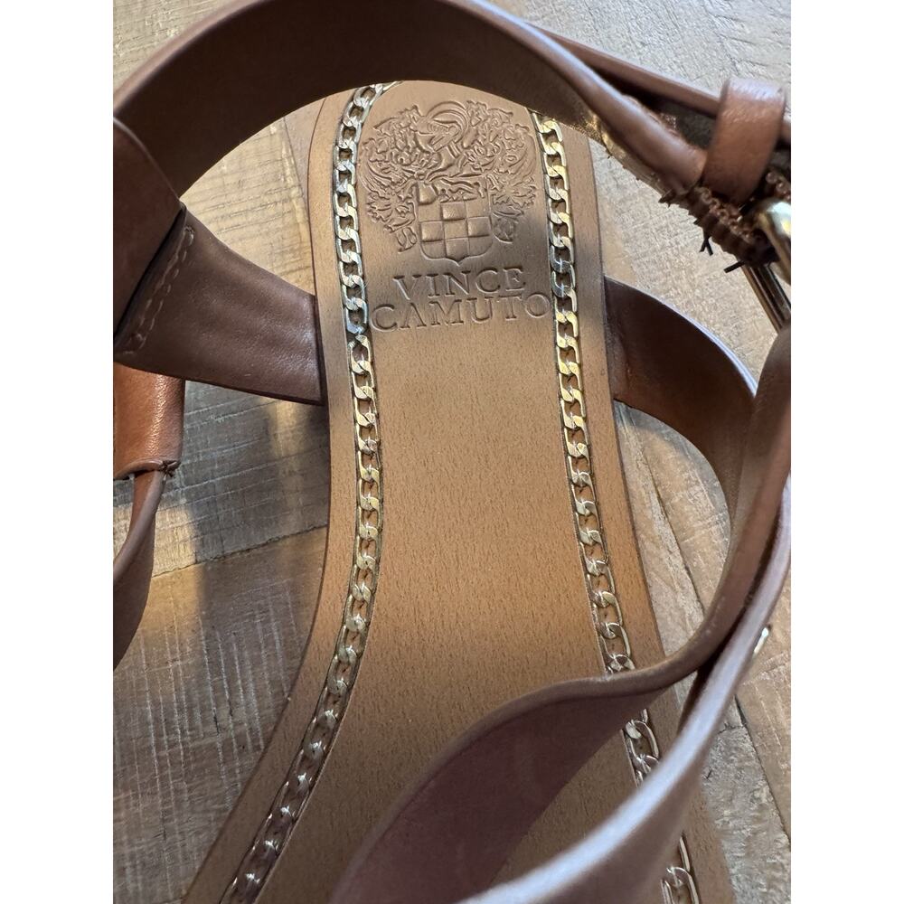 Vince Camuto Brown Gold Leather T-Strap Thong Sandals Size 8 Boho Summer Casual - Picture 5 of 7
